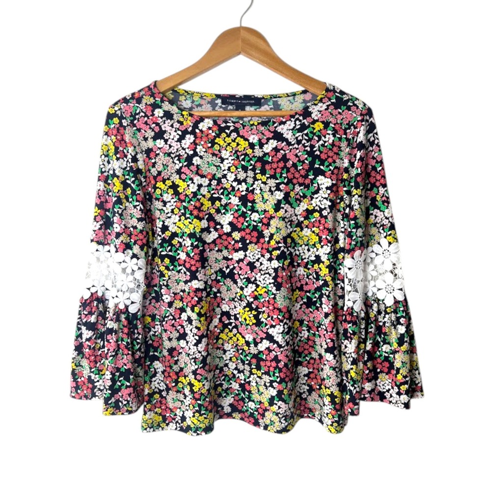 Tommy Hilfiger Floral Bell Sleeve Top Multicolor Crochet Lace Blouse Medium‎